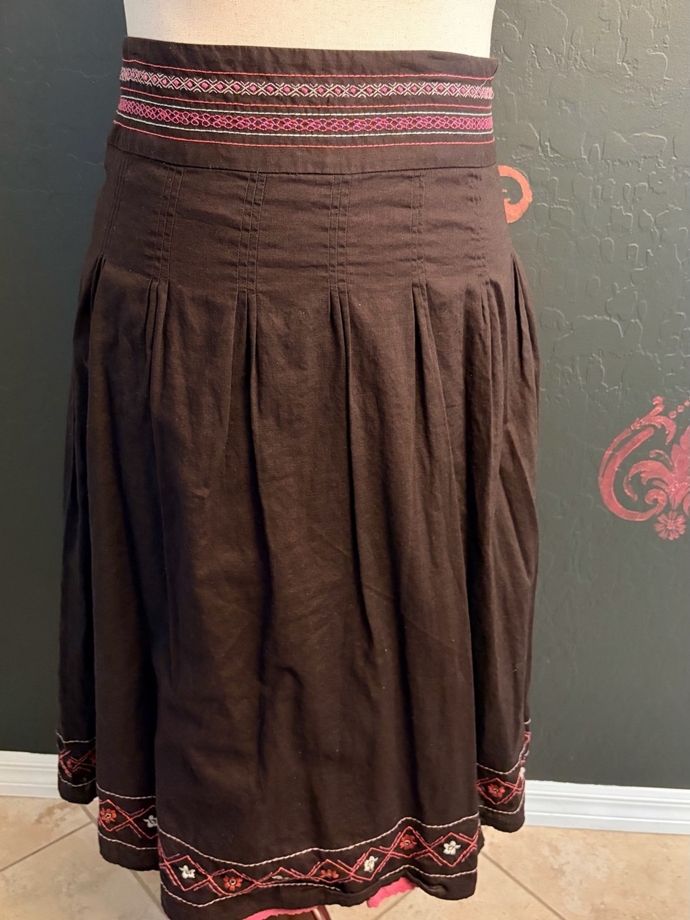 LOFT Brown Midi Skirt with Pink Embroidered Waistband